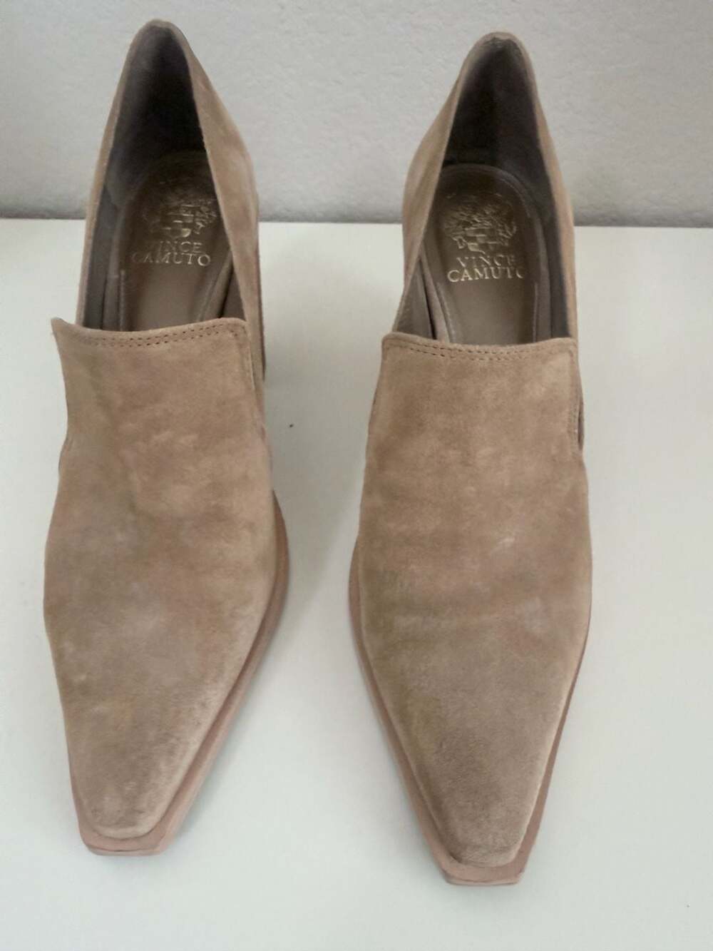 Vince Camuto Wevenly Tan Suede Block Heel Slip-On Pointed Toe Pumps